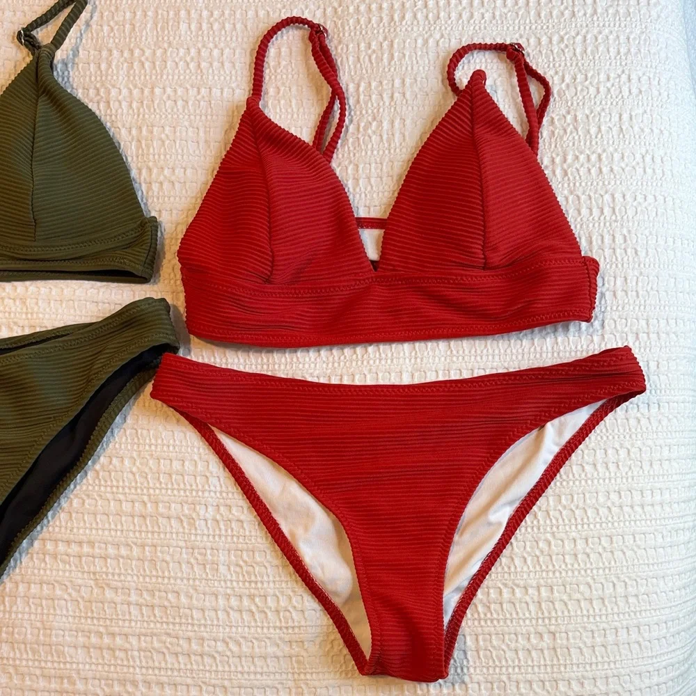 CUPSHE Women’s Two Piece Triangle Top  Set of 2 Green and Orange - Picture 4 of 9